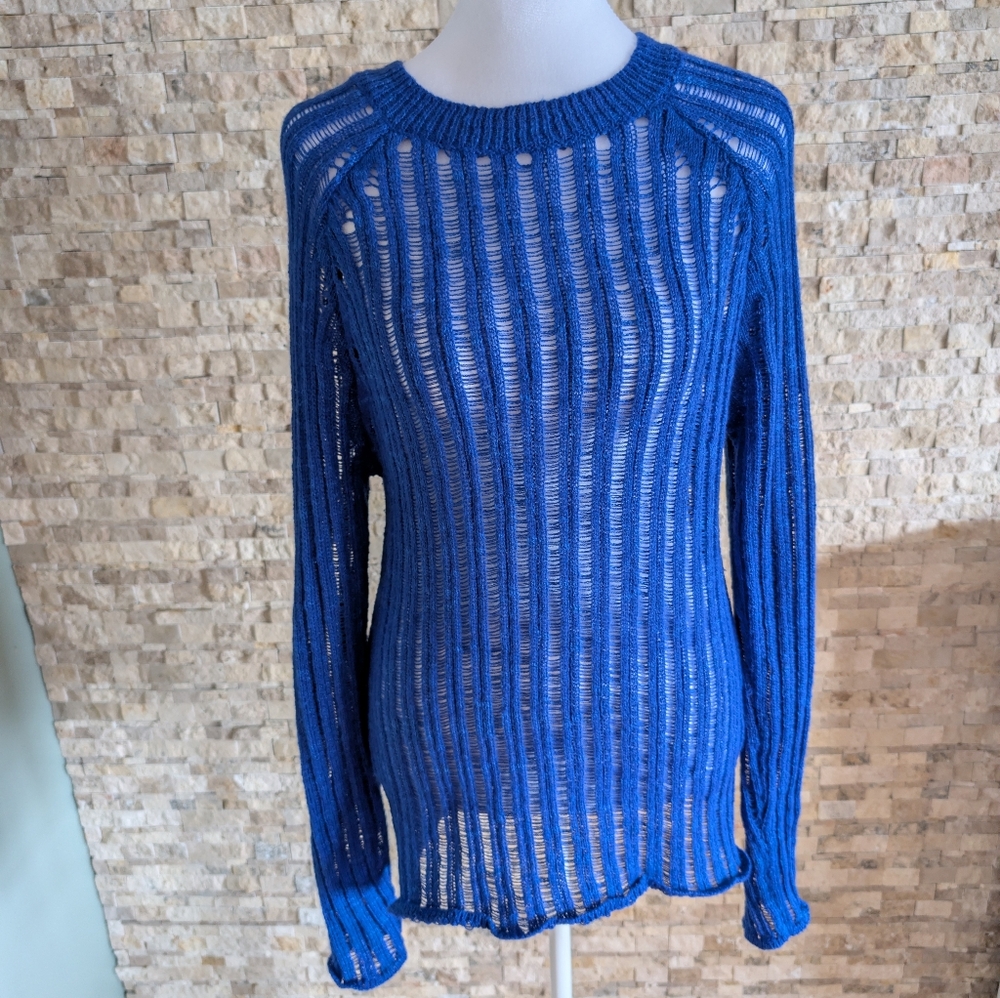Sheer Open Knit Cobalt Blue Sweater Top Y2K Indie Coastal Mermaid Core Sz Large